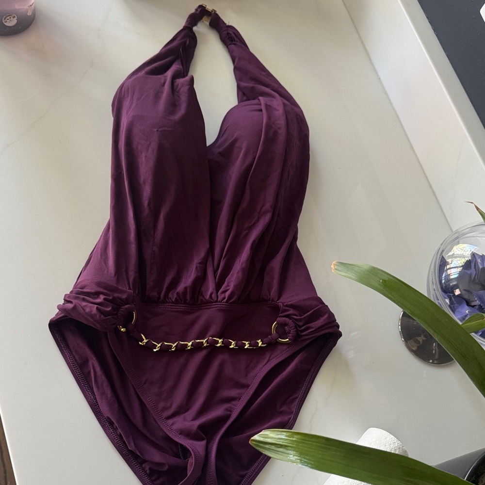 Plum Purple One-Piece Swimsuit with Gold Chain Detail